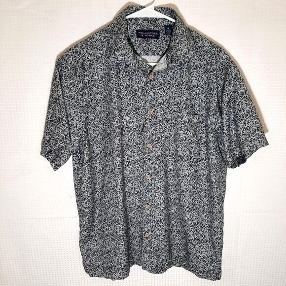 Roundtree Yorke M Shirt Men Black White Leaf Print Short Sleeve Button Cotton - Picture 1 of 5